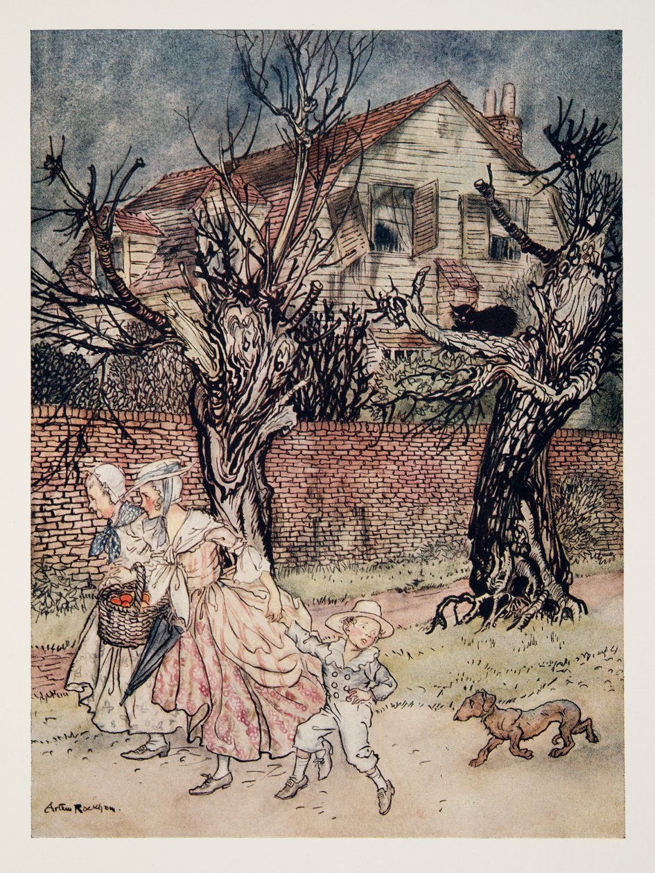 Ihmeellisiä tarinoita kummittelevista pelloista, kummittelevista puroista ja kummittelevista taloista, Washngton Irvingin (1783 - 1859) The Legend of Sleepy Hollow -teoksesta, kust. 1928 tekijältä Arthur Rackham