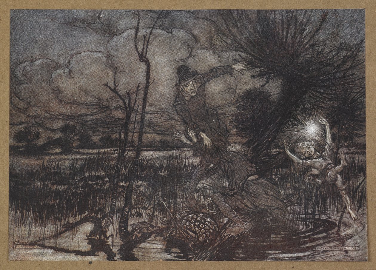 "Johtaako yövaeltajia harhaan, nauraen heidän vahingolleen?" Kohtaus Kesäyön unelmasta. tekijältä Arthur Rackham