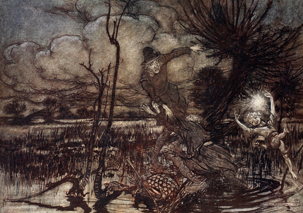 Harhaanjohtavat yövaeltajat, nauravat vahingoilleen, kuvitus William Shakespearen "Kesäyön unelmasta", 1908 tekijältä Arthur Rackham
