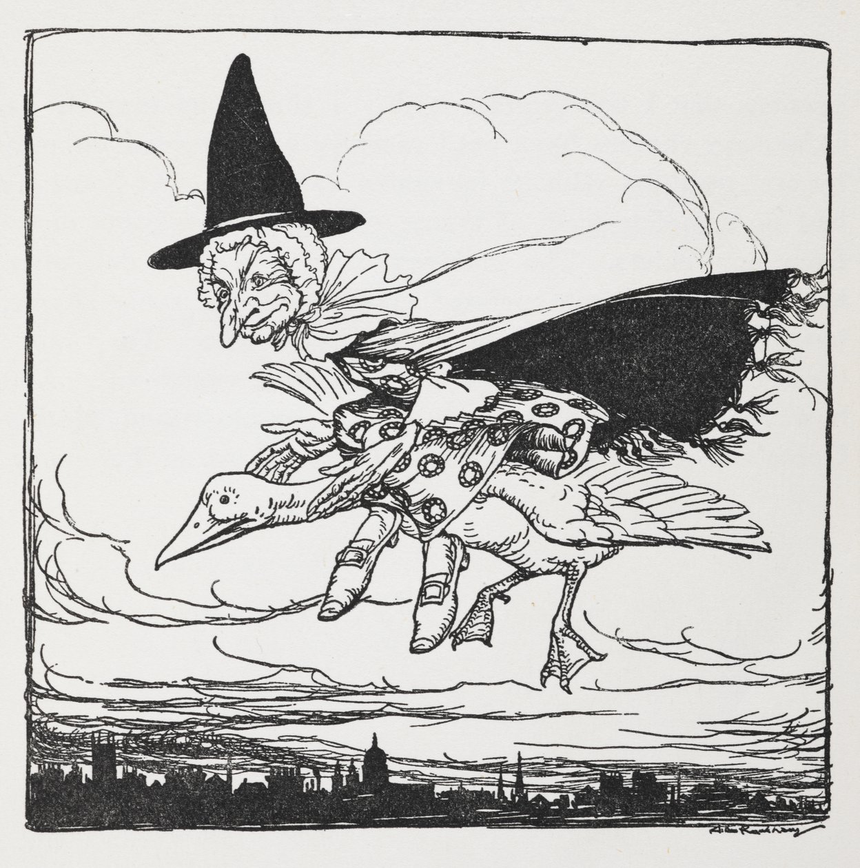 Mother Goose lentää hanhen päällä. tekijältä Arthur Rackham