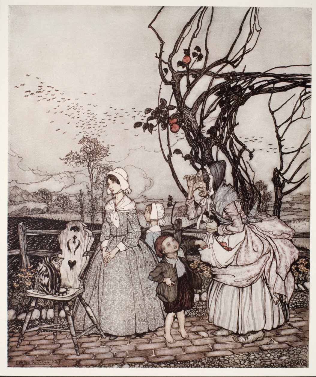 Äiti ja lapset palaavat omenoiden keräämisestä, Washington Irvingin Rip Van Winkle -pubista. 1910 tekijältä Arthur Rackham