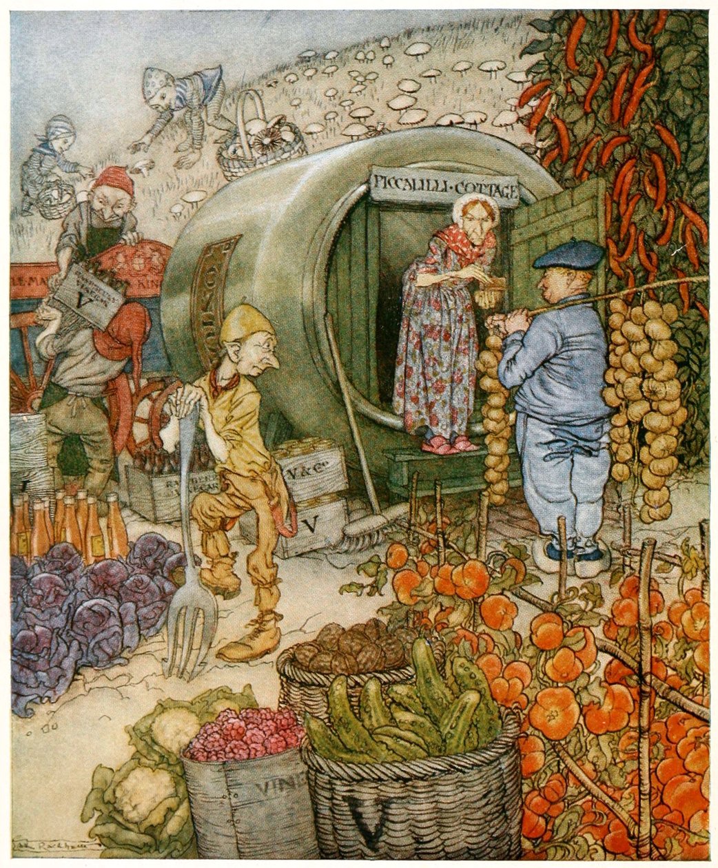 Mr ja Mrs Vinegar at Home, Frontispiece from English Fairy Tales, pubi. 1918 (värilitografia) tekijältä Arthur Rackham