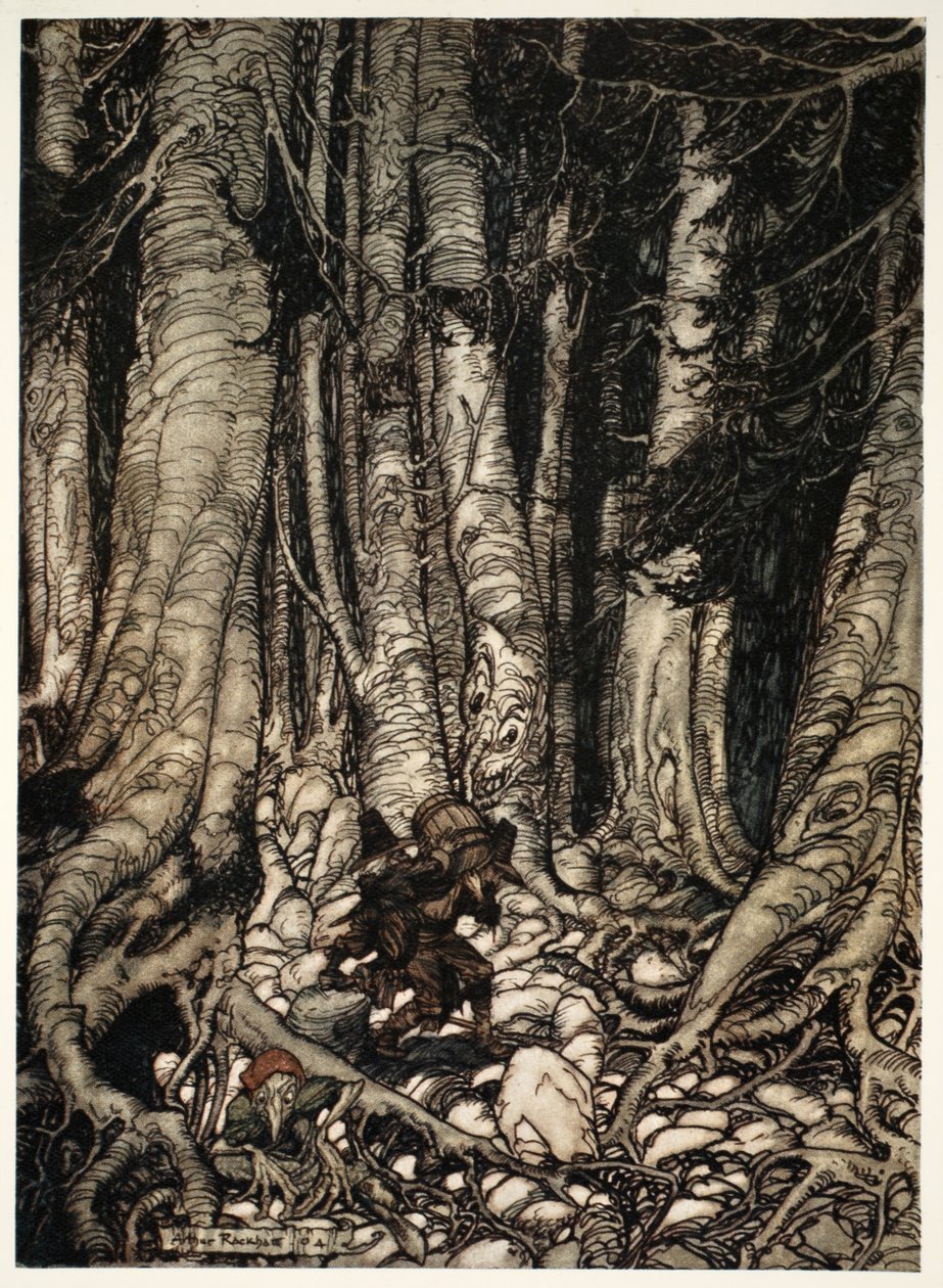 He kiipesivät toisiaan helpottaen kapeaa rotkoa ylös.", Washington Irvingin Rip Van Winkle, kustantamo. 1910 tekijältä Arthur Rackham