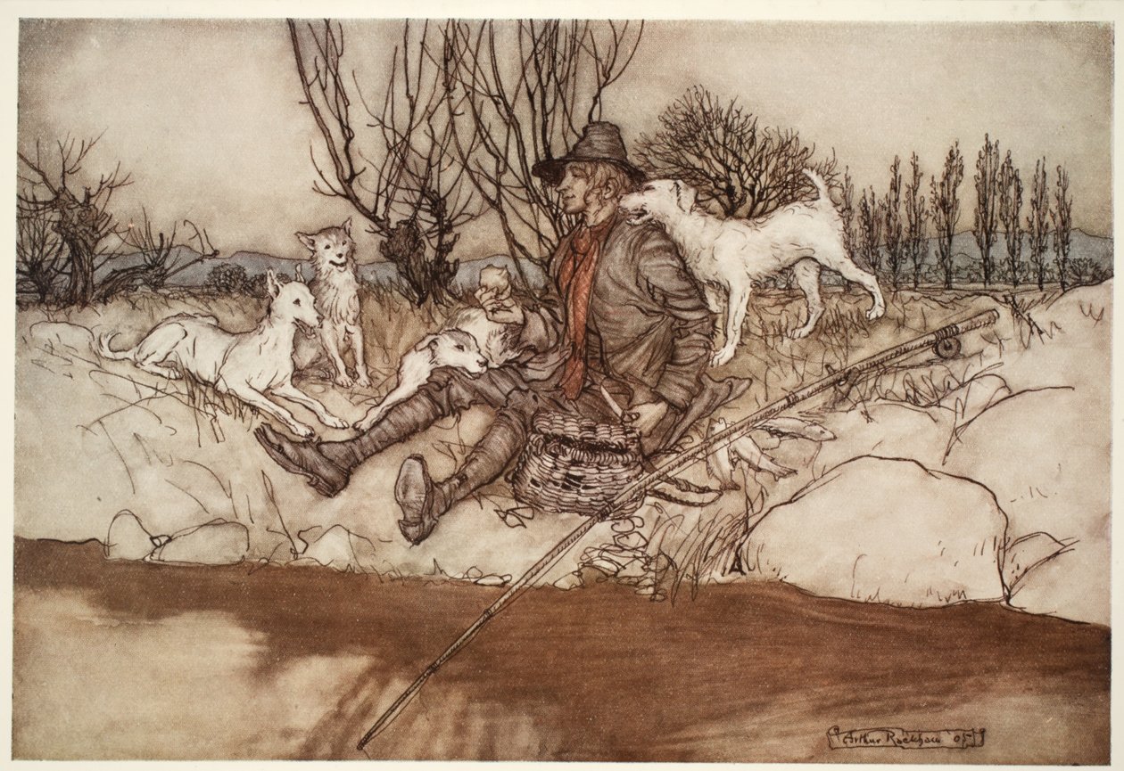 Koira ei haukkuisi hänelle koko naapurustossa. Rip Van Winkle, Washington Irving, pubi. 1910 tekijältä Arthur Rackham