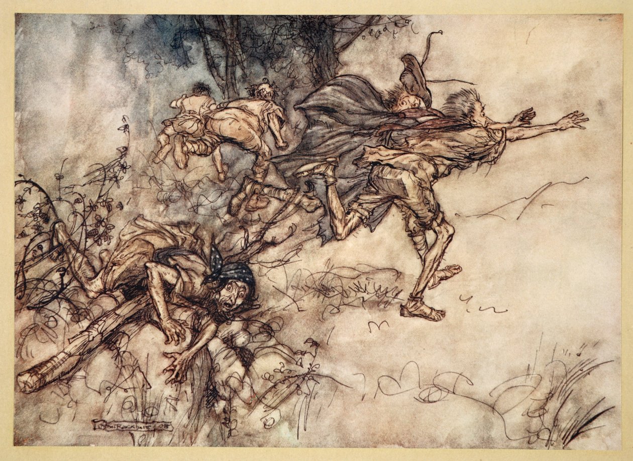 Oi hirviömäinen! Oi outoa! meitä kummittelee. Rukoilkaa, herrat! lennät, mestarit! Apua!, kuvitus William Shakespearen "kesäyön unelmasta", 1908 tekijältä Arthur Rackham