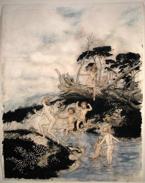 "Oh, mikä hyvä aika olla elossa", kuvitus Nathaniel Hawthornen vuonna 1922 julkaistusta "Ihmekirjasta" (kynä ja muste ja akvarelli paperille) tekijältä Arthur Rackham
