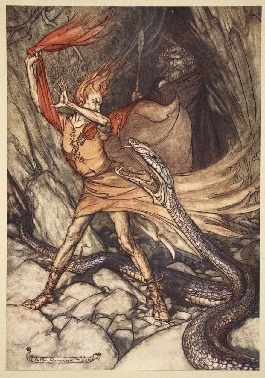 "Ohe! Ohe! Kauhea lohikäärme, älä nielaise minua! Säästäkää Loge-paran henki!", kuvitus elokuvasta "The Rhinegold and the Valkyrie", 1910. tekijältä Arthur Rackham