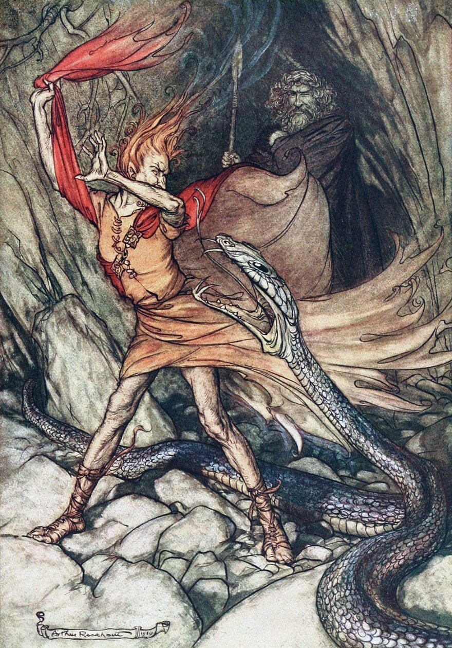 Oi! Oi! Kauhea lohikäärme, älä niele minua! Kuvitus teoksiin The Rhinegold ja The Valkyrie tekijältä Arthur Rackham