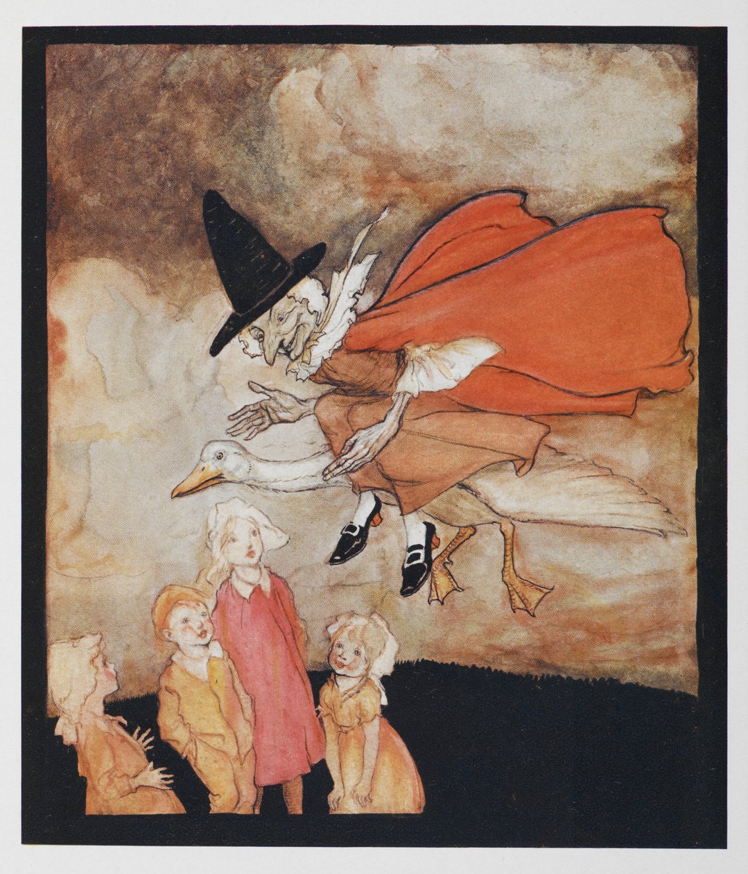 Vanha Mother Goose, lentää joidenkin lasten yli punaisessa viitassa ja mustassa hatussa. tekijältä Arthur Rackham