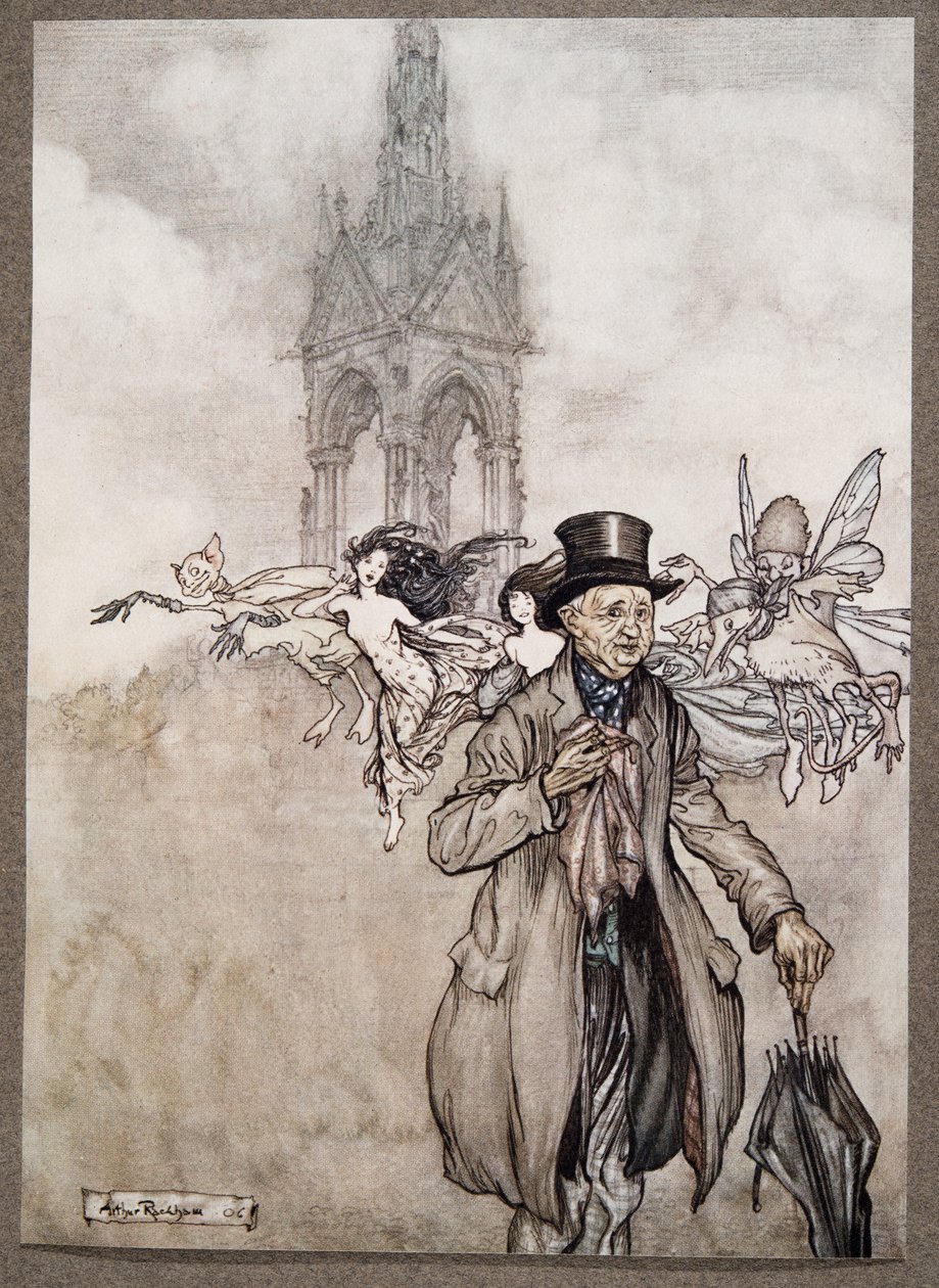 Old Mr Salford oli rapu-omena vanhasta herrasta, joka vaelsi koko päivän Gardensissa, Peter Panin Kensington Gardensista, kirjoittanut J M Barrie (1860 - 1937), pubi. 1906 tekijältä Arthur Rackham