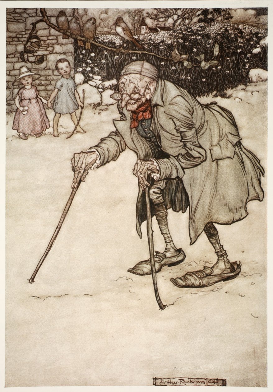 Vanha mies kahdella kepillä, Washington Irvingin Rip Van Winkle -pubista. 1910 tekijältä Arthur Rackham