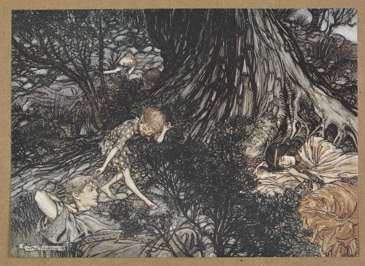 Maan päällä unen ääni: laitan silmäsi, lempeä rakastaja, lääke". Kohtaus Kesäyön unelmasta. tekijältä Arthur Rackham