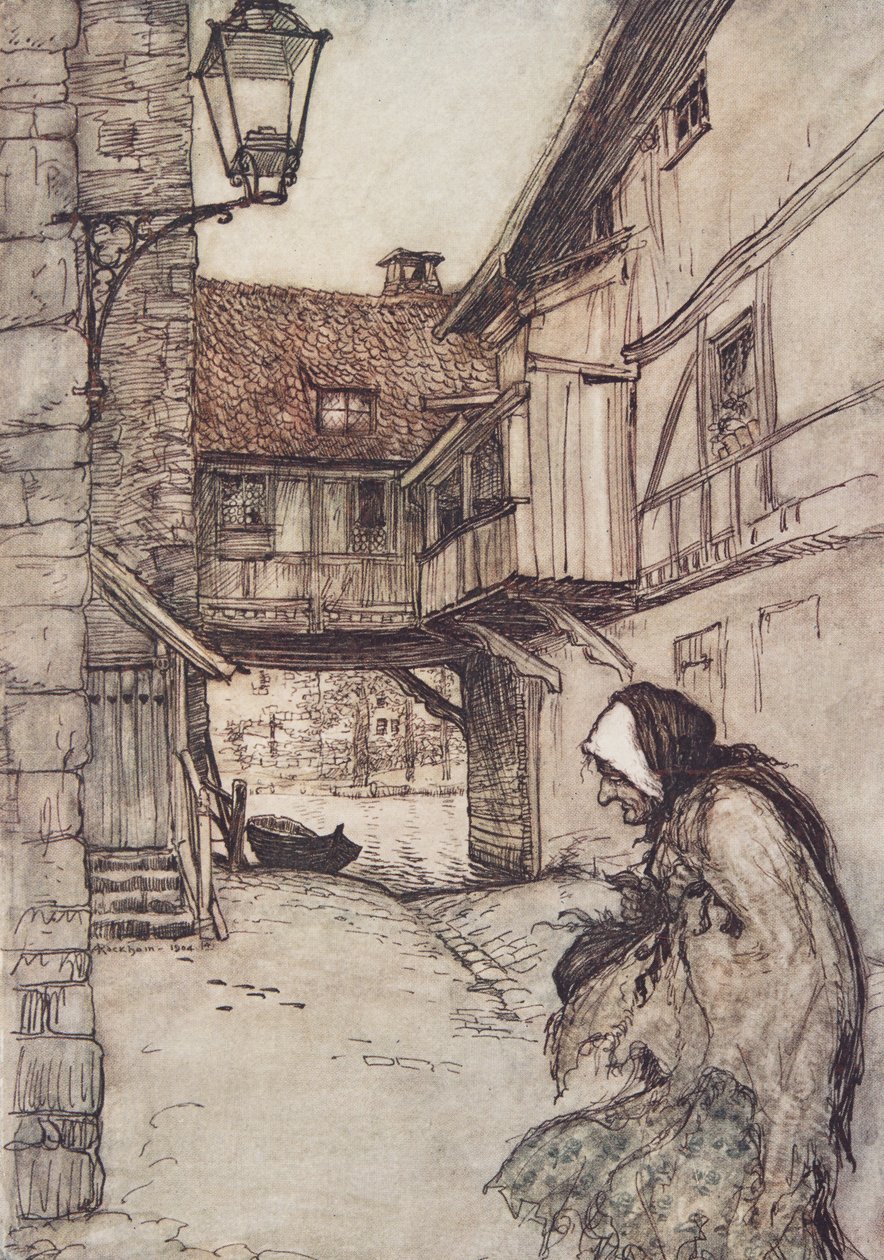 Olipa kerran köyhä vanha nainen, joka asui kylässä, Grimmin veljesten saduista, pub. 1909 tekijältä Arthur Rackham