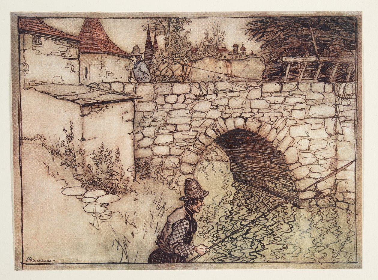 Olipa kerran köyhä talonpoika nimeltä Crabb, joka oli viemässä kahden härän vetämää puukuormaa kaupunkiin myytäväksi, Grimmin veljesten saduista, pub. 1909 tekijältä Arthur Rackham