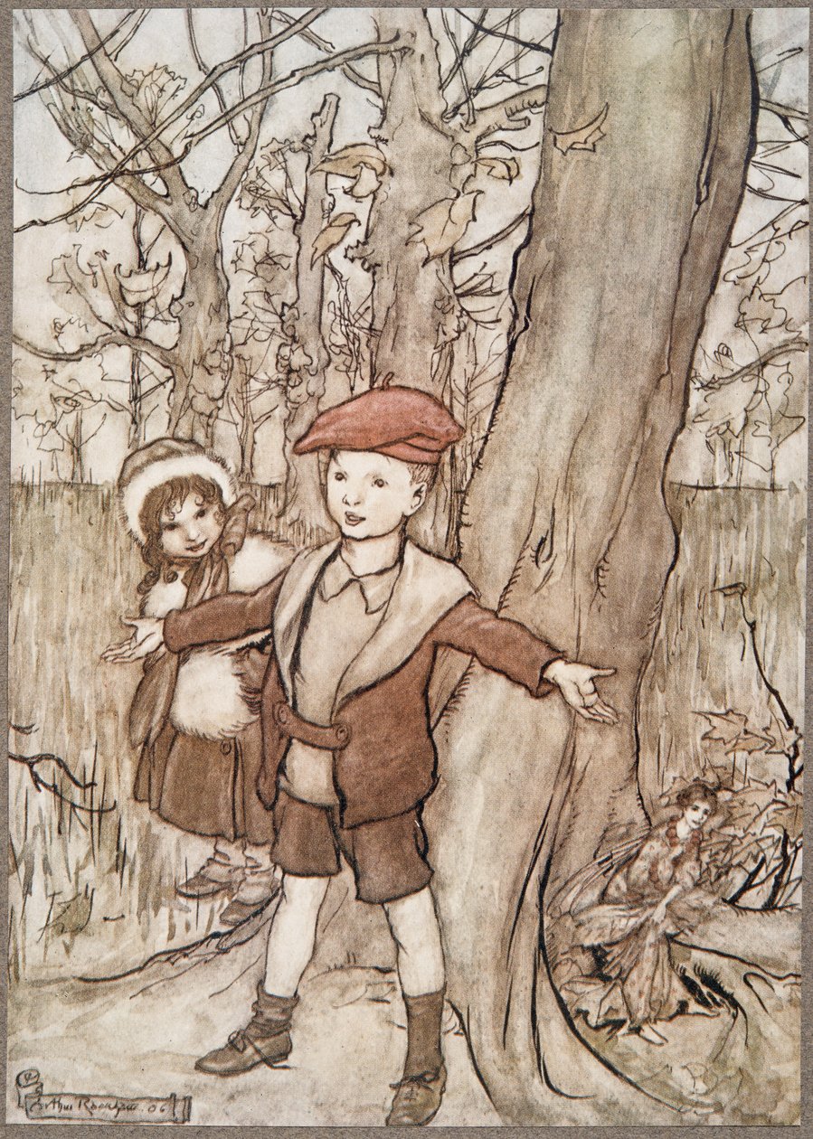 Eräänä päivänä keiju kuuli ne Peter Panista Kensington Gardensissa, kirjoittanut J M Barrie (1860 - 1937), pubi. 1906 tekijältä Arthur Rackham