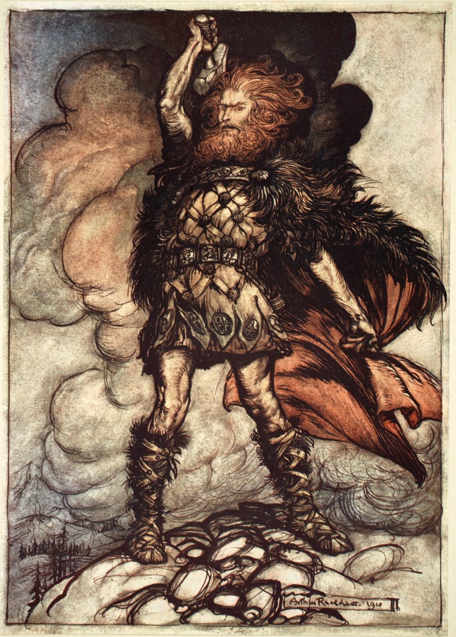 "Yksi jumalista, Donner, kutsuu sumun pois", 1910. tekijältä Arthur Rackham