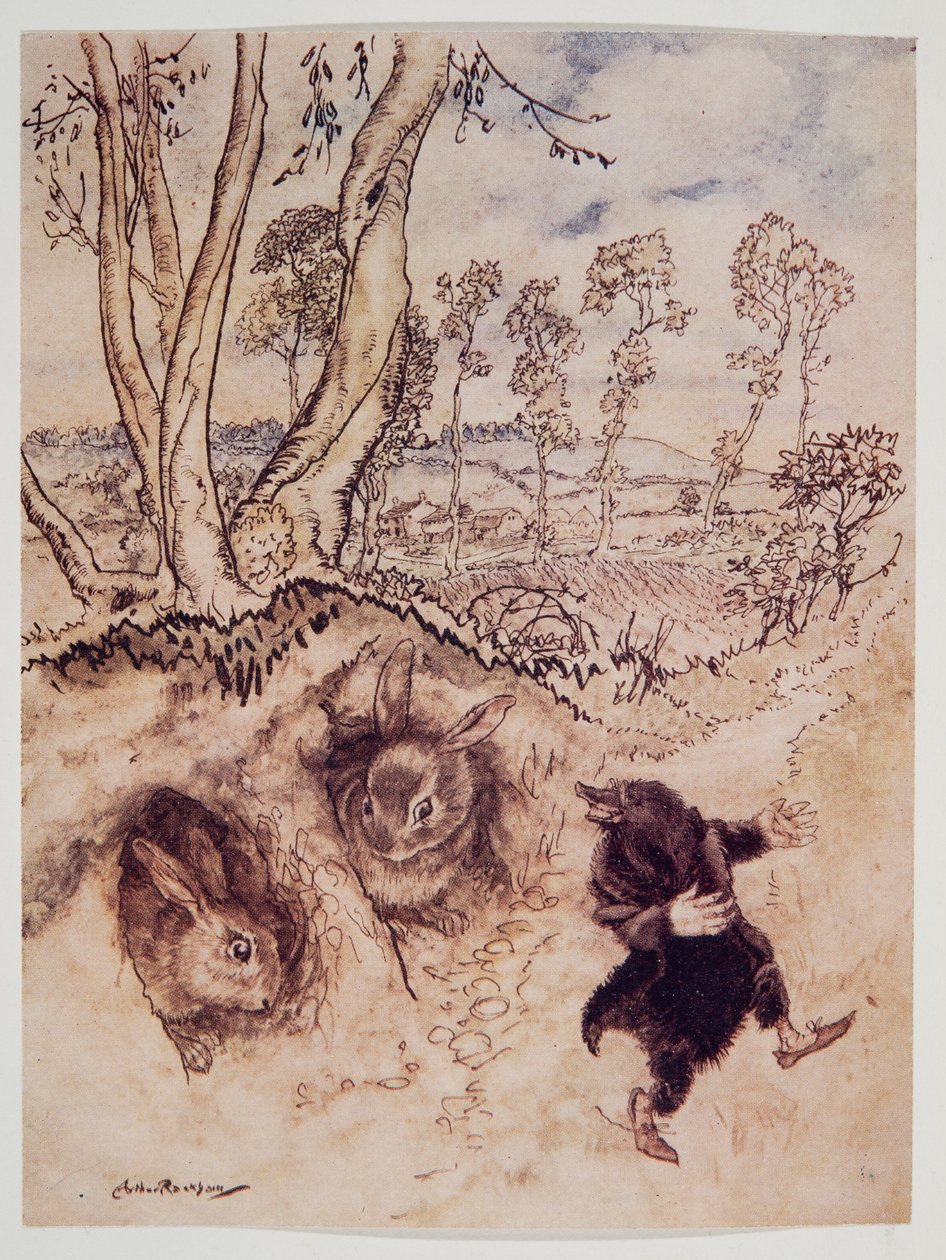 Sipuli-kastike! Sipuli-kastike! hän huomautti nauraen ja oli poissa ennen kuin he ehtivät keksiä vastausta Kenneth Grahamen (1859 - 1932) pubista Wind in the Willows. 1940 tekijältä Arthur Rackham