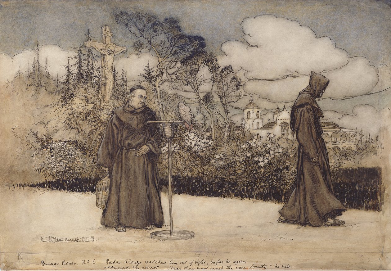 Padre Alonzo katseli häntä poissa silmistä, kuvitus Eleanor Gatesin Good Night -kirjasta, 1907 (kynä ja muste & wc paperilla) tekijältä Arthur Rackham