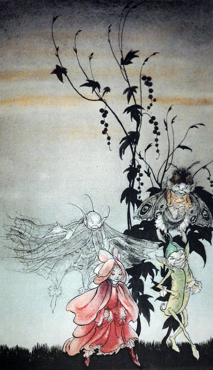 Peaseblossom, hämähäkinverkko, koi, sinapinsiemen, keijut, jotka osallistuivat Titaniaan Arthur Rackhamin Kesäyön unelmassa tekijältä Arthur Rackham
