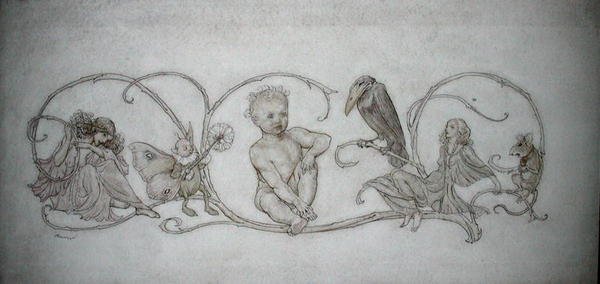 Peter Pan, kuvitus teoksesta "Peter Pan in Kensington Gardens, London", julkaistu 1906 (kynä ja muste ja akvarelli paperille) tekijältä Arthur Rackham