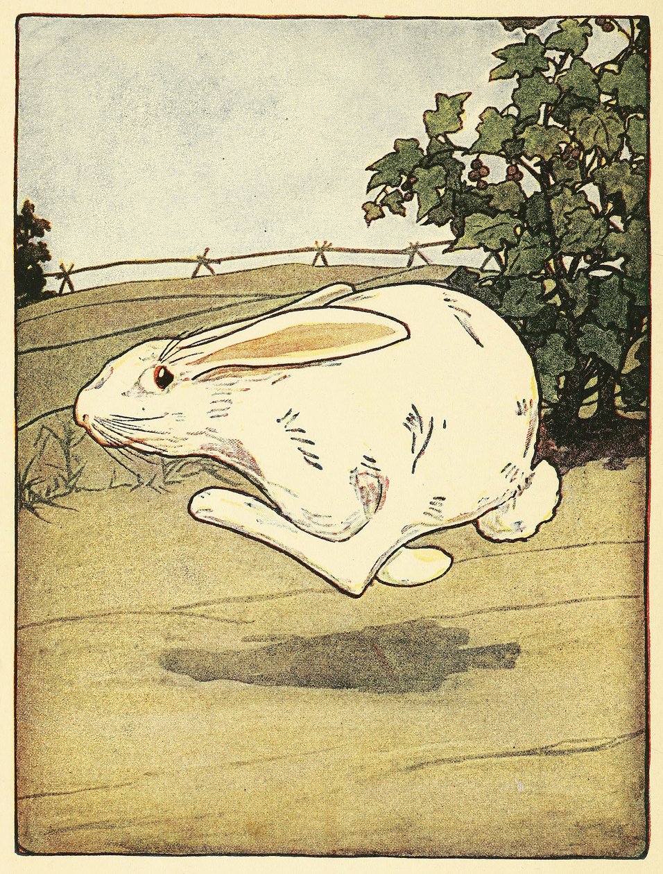Peter ei koskaan lopettanut juoksemista, pubista The Tale of Peter Rabbit. 1916 (väri litho) tekijältä Arthur Rackham