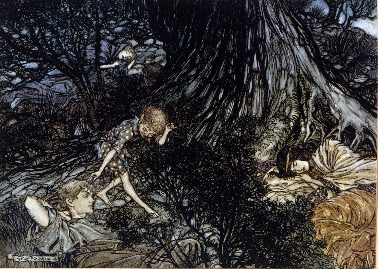 Kiekko laittaa maagisen suodattimen nukkuvien hahmojen silmäluomiin. Arthur RACKHAMin (1867-1939) kuvitus William SHAKESPEAREN kesäyön unelmaan tekijältä Arthur Rackham