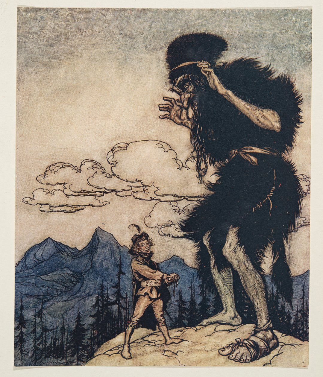 Hän veti pehmeän juustopalan taskustaan ja puristi sitä, kunnes kosteus valui pois ..teoksesta Grimmin veljesten sadut, pub. 1909 tekijältä Arthur Rackham
