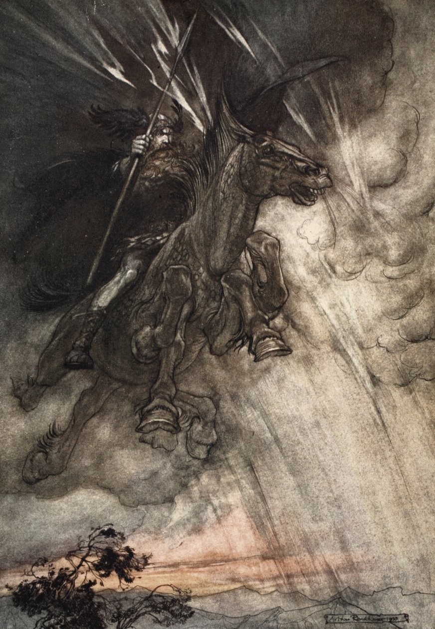 Raivoissaan, Wotan Rides to the Rock! Hän tulee kuin myrskytuuli!, The Rhinegold and the Valkyrie -elokuva. tekijältä Arthur Rackham