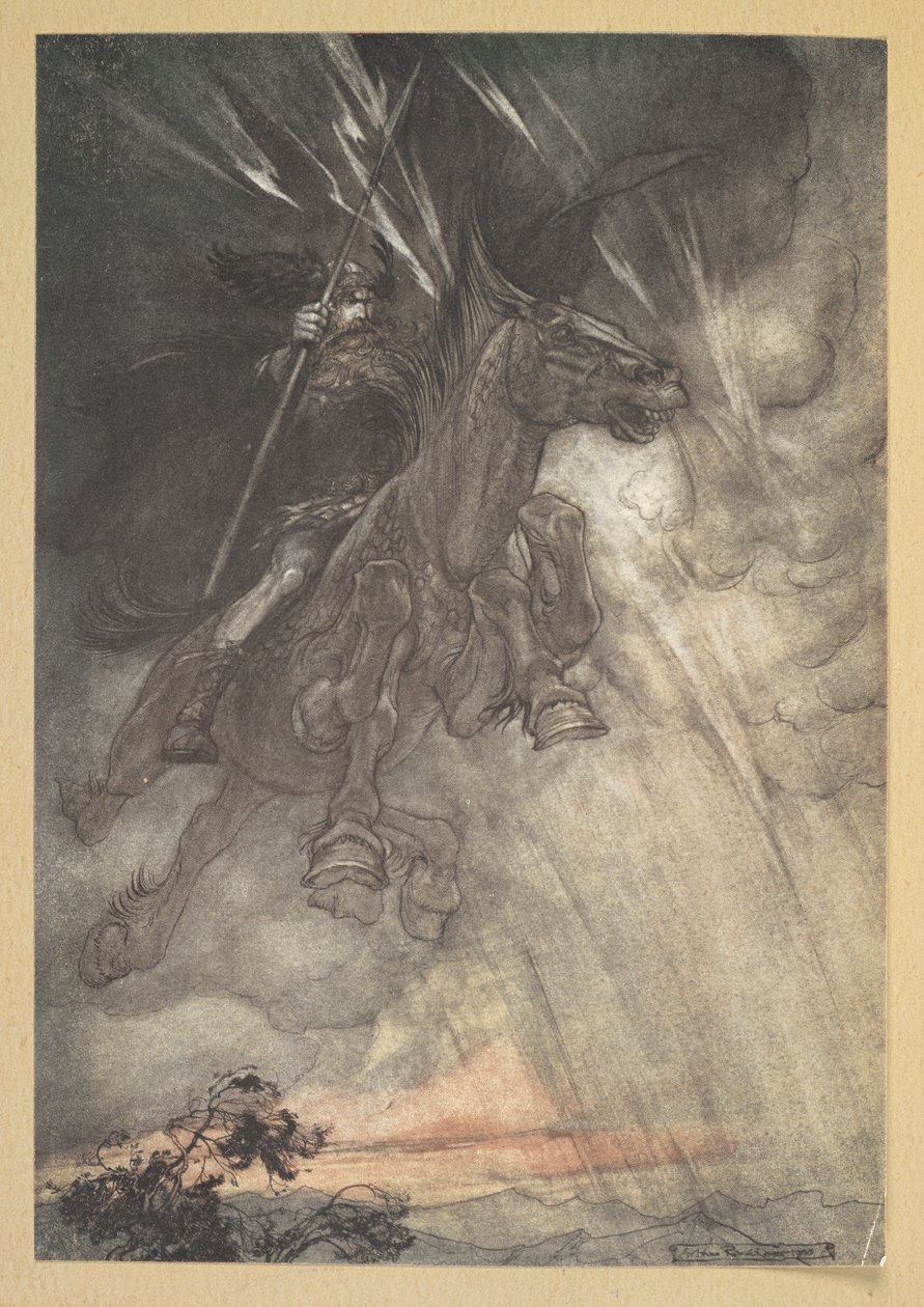 "Raivoissaan, Wotan ratsastaa kalliolle! Hän tulee kuin myrskytuuli!" tekijältä Arthur Rackham