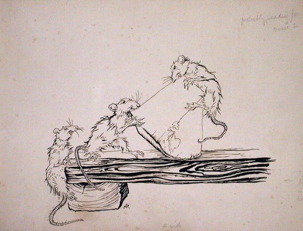"Rotat!...söivät juustot sammioista!", kuvitus teoksesta "The Pied Piper of Hamelin", Robert Browningin versio, julkaistu 1934 (kynä ja muste paperille) tekijältä Arthur Rackham