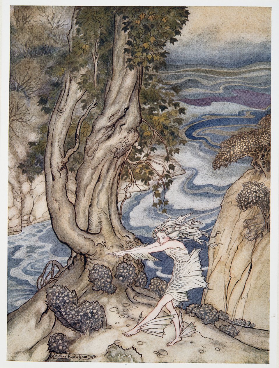 Ariel astuu takaisin sisään kuin vesinymfi, kuvitus William Shakespearesin Myrsky -teoksesta, pub. 1926 tekijältä Arthur Rackham