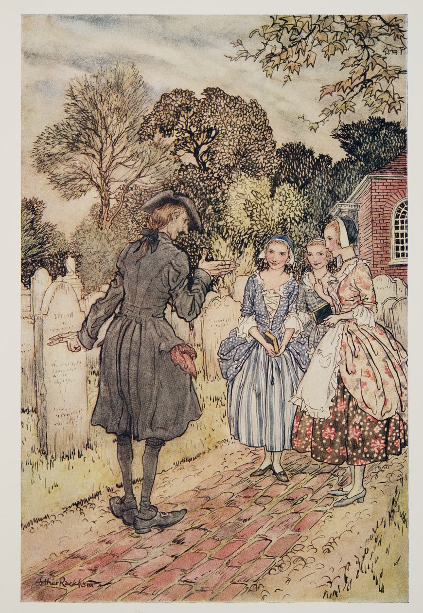 Reciting for their amusement all the Epitaphs on the Tombstones.., kirjasta The Legend of Sleepy Hollow, kirjoittanut Washngton Irving (1783 - 1859), pub. 1928 tekijältä Arthur Rackham