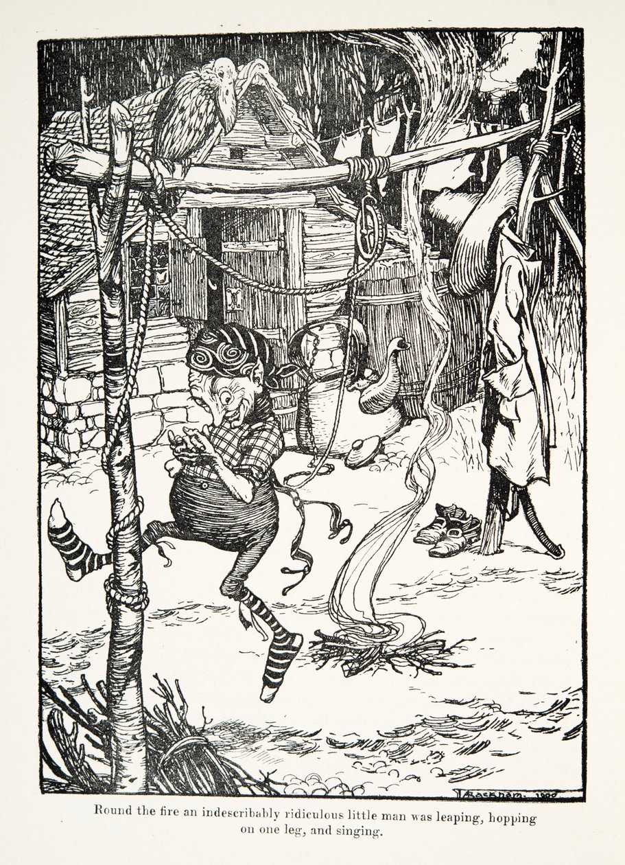 Nuotion ympärillä hyppi sanoinkuvaamattoman naurettava pikkumies, hyppi yhdellä jalalla ja lauloi Grimmin veljesten saduista, pub. 1909 tekijältä Arthur Rackham
