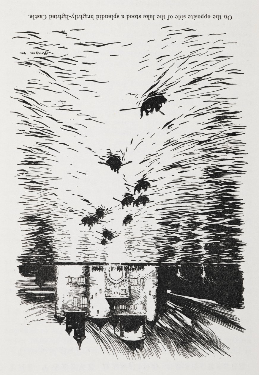 Soutuveneet joella lähestymässä linnaa yöllä. tekijältä Arthur Rackham