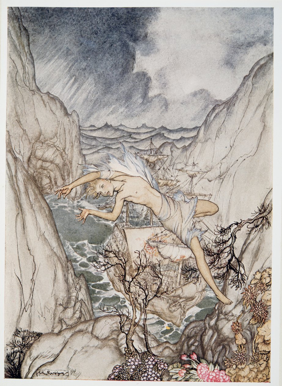 Kuninkaan laiva on turvallisesti satamassa, kuvitus William Shakespearen Myrsky, pub. 1926 tekijältä Arthur Rackham