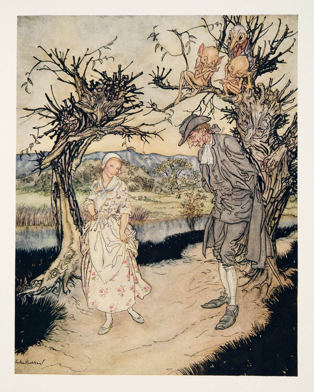 Sauntering along in the Twilight..., kirjasta The Legend of Sleepy Hollow, kirjoittanut Washngton Irving (1783 - 1859), kust. 1928 tekijältä Arthur Rackham