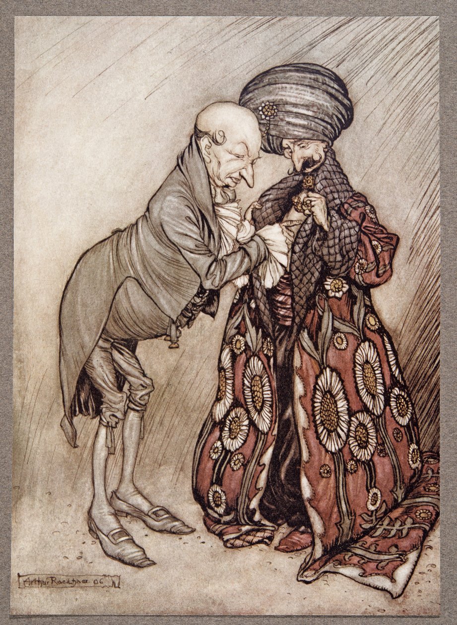 Pudissi kaljua päätään ja mutisi: Kylmä, melko kylmä, Peter Panilta Kensington Gardensissa, kirjoittanut J M Barrie (1860 - 1937), pub. 1906 tekijältä Arthur Rackham
