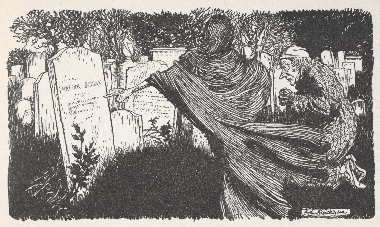 Scrooge ja aave hautausmaalla yöllä. tekijältä Arthur Rackham
