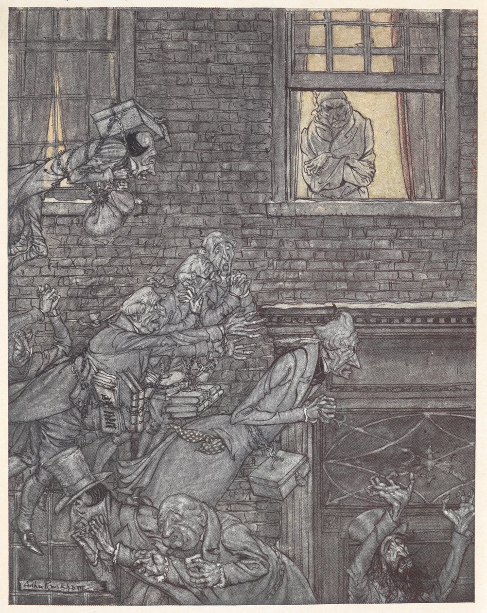 Scrooge hänen ikkunassaan katsomassa aaveita alla olevalla kadulla tekijältä Arthur Rackham