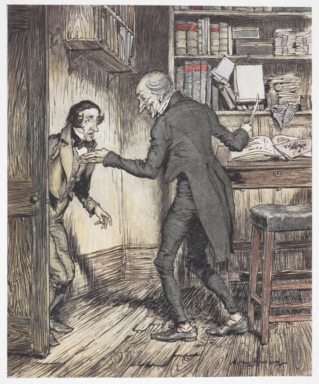 Scrooge kirjoittaa toimistossaan toisen miehen astuessa sisään tekijältä Arthur Rackham