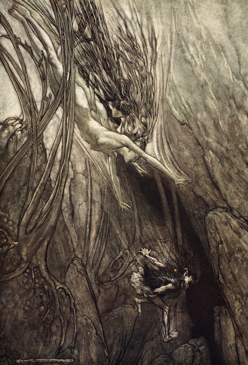 Tartu despoileriin! Pelasta kulta! Auta meitä! Auta meitä! Voi! Voi!, kuvitus teoksesta The Rhinegold and the Valkyrie, 1910 tekijältä Arthur Rackham