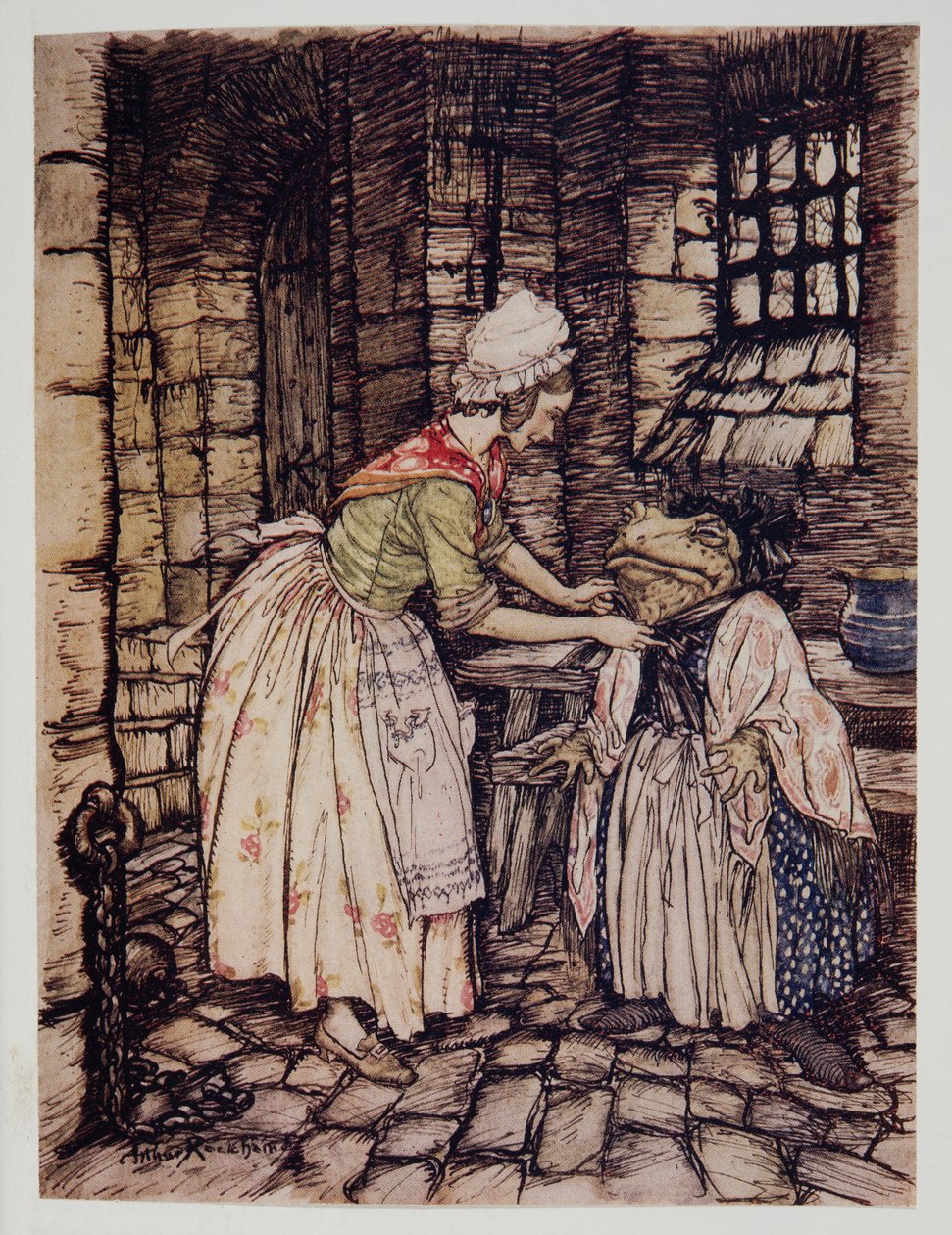 Hän järjesti huivin ammattitaidolla ja sidoi ruosteisen konepellin nauhat hänen leuan alle, Kenneth Grahamen (1859 - 1932) pubista Wind in the Willows. 1940 tekijältä Arthur Rackham