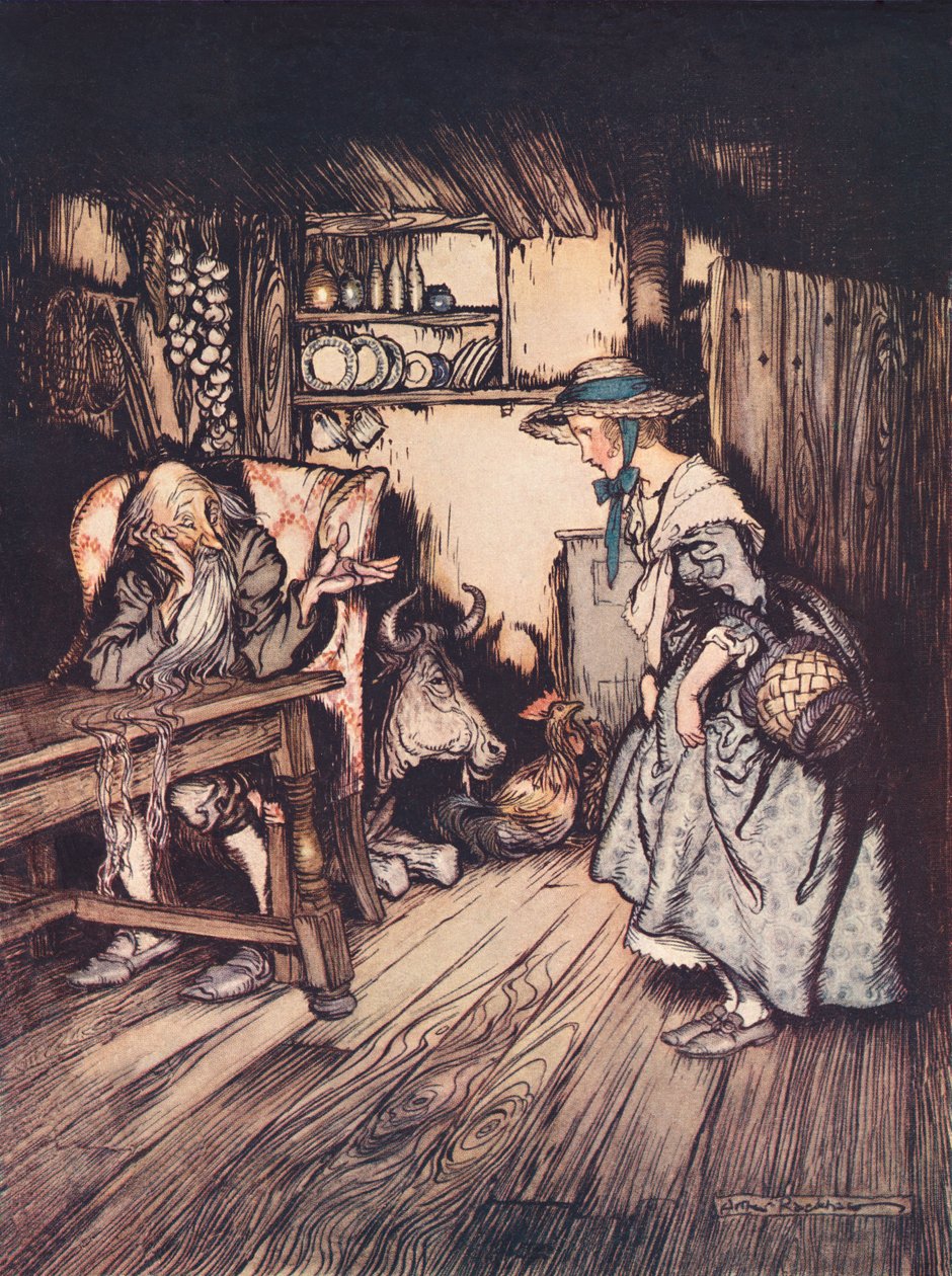 Hän pyysi melko kauniisti saada viettää yön siellä. Arthur Rackhamin kuvitus 1800-luvun lopulla julkaistusta Grimmin sadusta The Hut in the Forest. tekijältä Arthur Rackham
