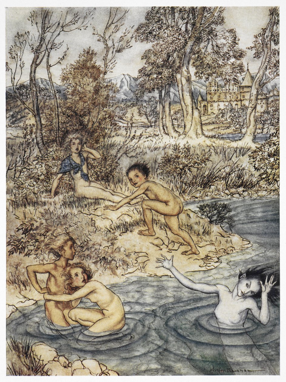 "Hän kohtasi koko parven pieniä lapsia". Värikuvitus tarinaan "pieni merenneito". tekijältä Arthur Rackham