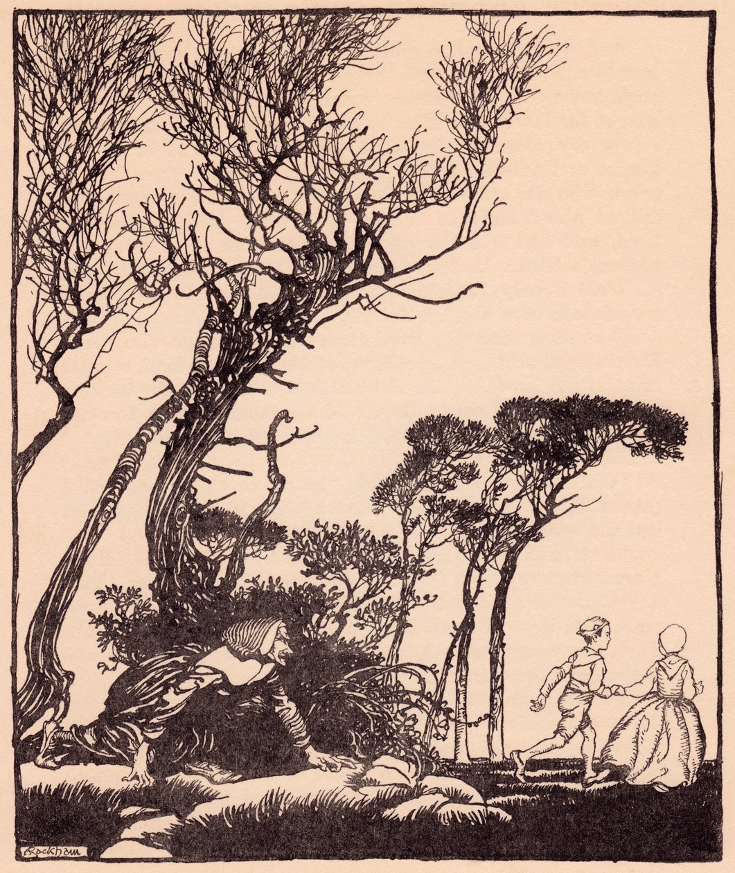 Hän hiipi heidän perässään salaa, kuten noidat hiipivät. Arthur Rackhamin kuvitus Grimmin sadusta Pikkuveli ja pikkusisko. tekijältä Arthur Rackham