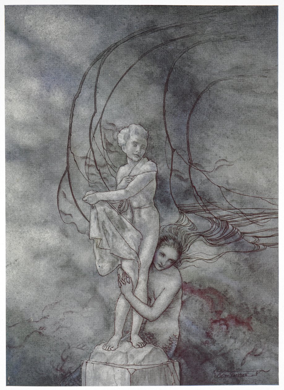 "Hän kietoi kätensä marmorihahmon ympärille, joka oli niin kuin prinssi." Kuvitus tarinalle "pieni merenneito". tekijältä Arthur Rackham