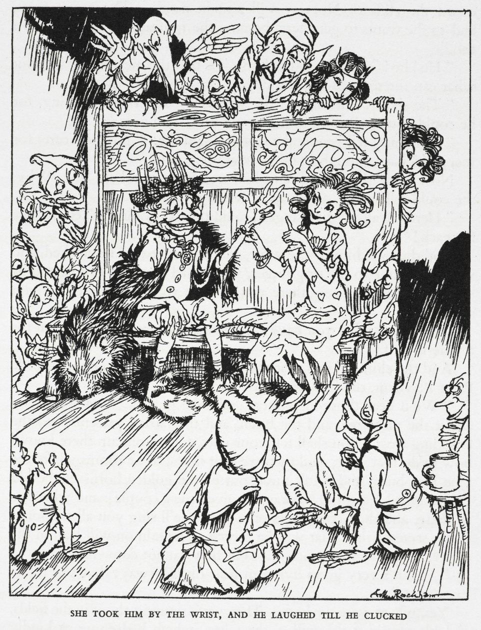 "Hän otti häntä ranteesta, ja hän nauroi, kunnes napsahti." Haltianeitoja ja peikkoja. Kuvitus "haltiakukkulalle". tekijältä Arthur Rackham