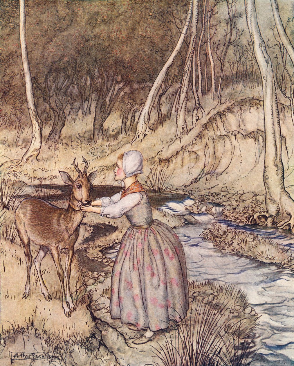Hän riisui kultaisen sukkanauhansa ja laittoi sen Roe Buckin kaulan ympärille. Arthur Rackhamin kuvitus Grimmin sadusta, pikkuveli ja pikkusisar, julkaistu 1800-luvun lopulla. tekijältä Arthur Rackham