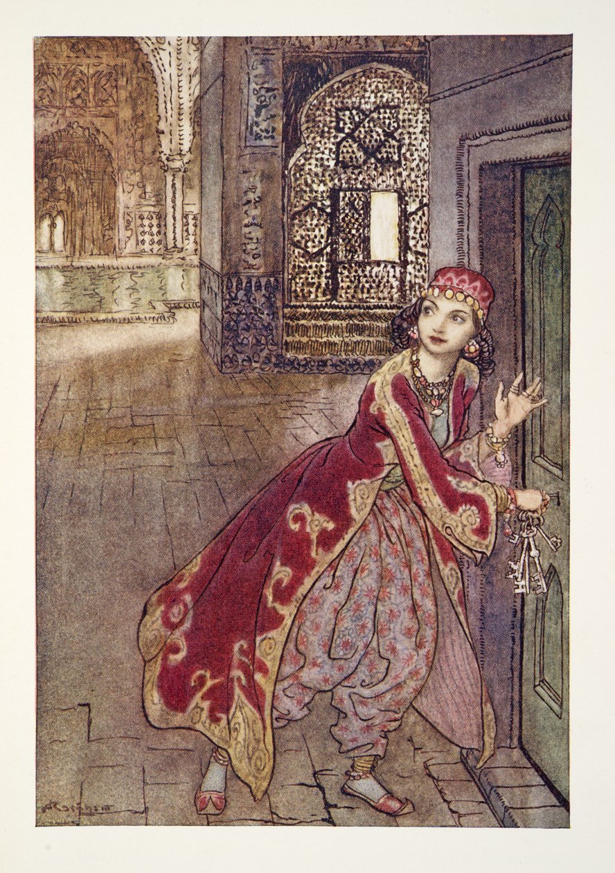 Sitten hän otti pienen avaimen ja avasi oven vapisten The Arthur Rackham Fairy Book -pubista. 1933 tekijältä Arthur Rackham
