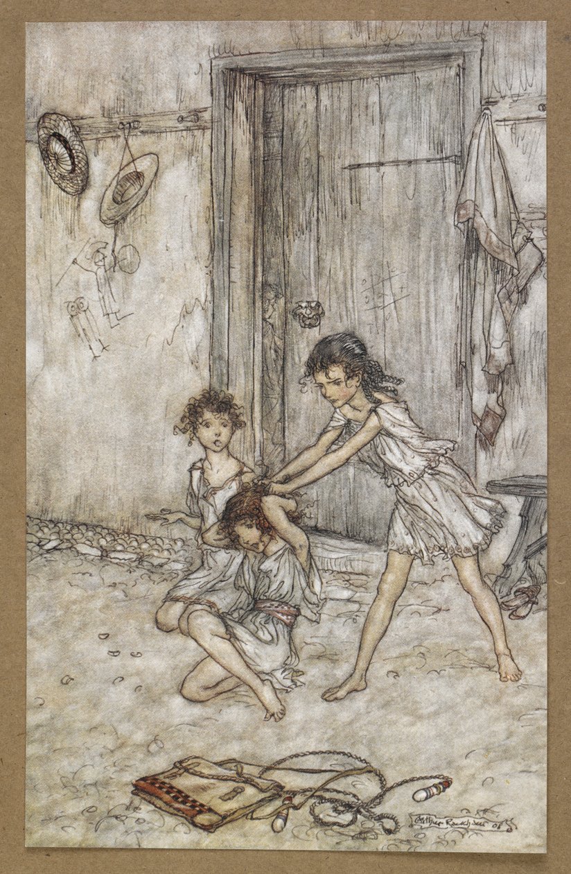 Hän oli viksu, kun hän meni kouluun." Kohtaus Kesäyön unelmasta. tekijältä Arthur Rackham